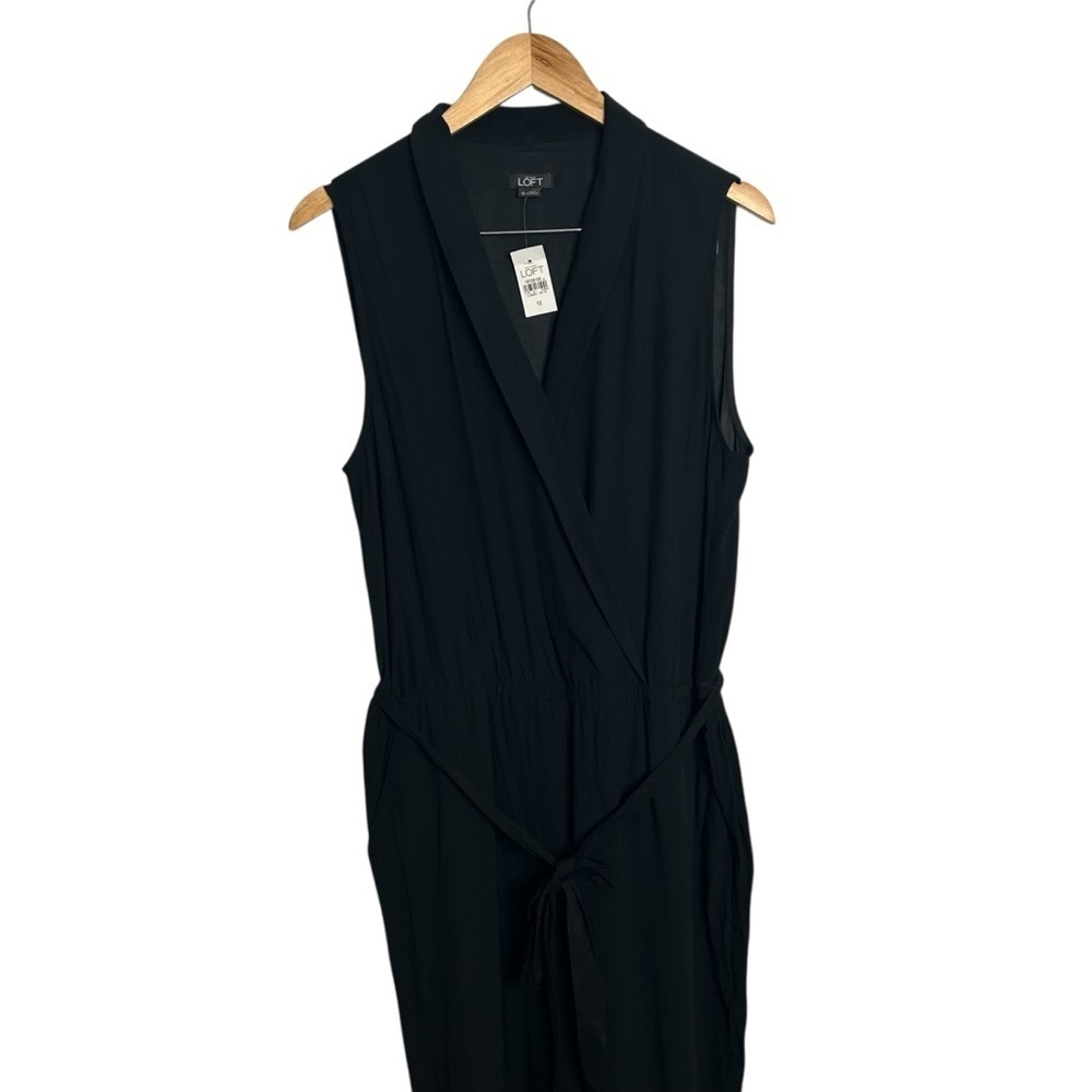 LOFT Black Tuxedo Lapel Elastic Waist Stretch Sleeveless Belted Jumpsuit Sz 12 - Picture 3 of 9